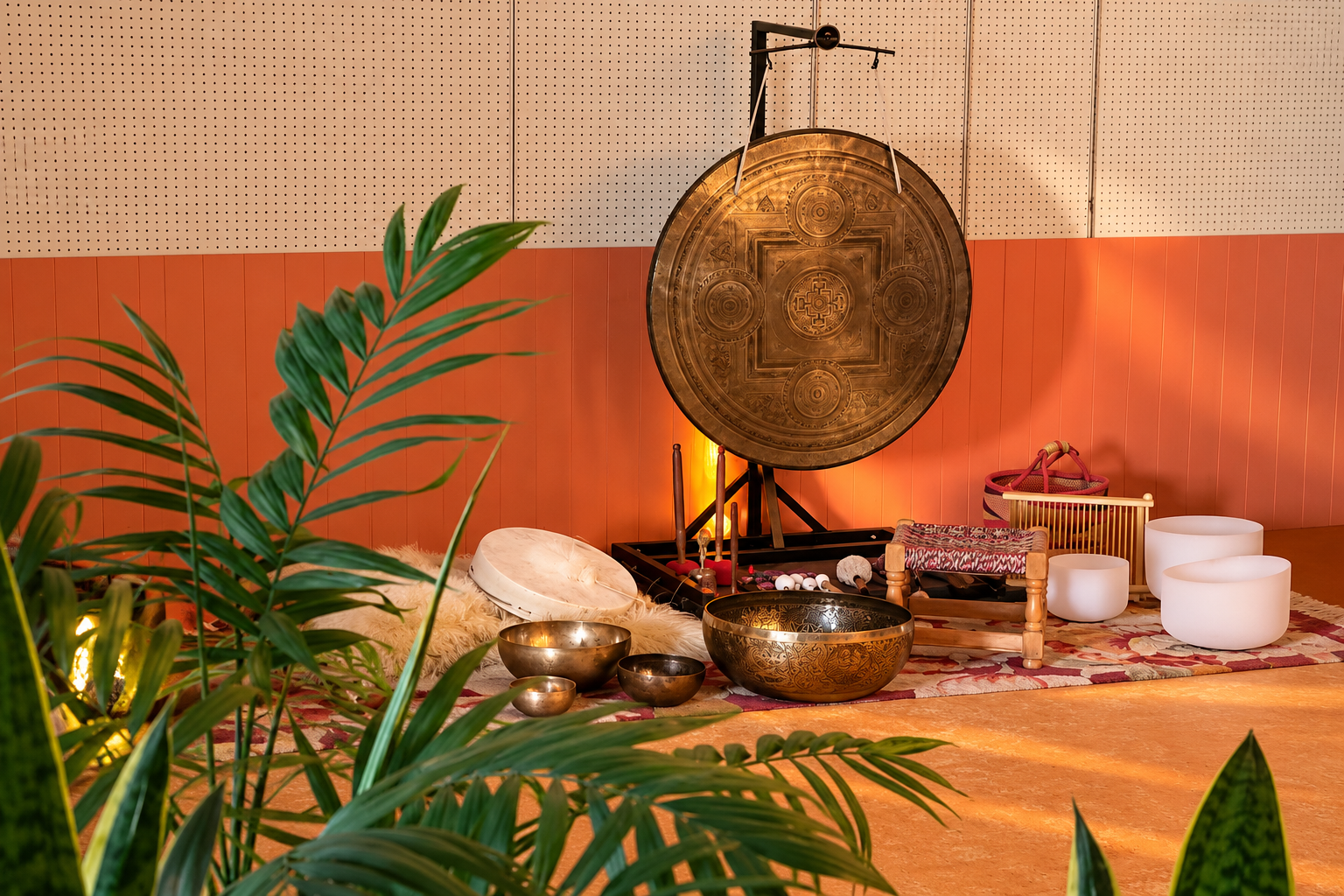 Gong and singing bowls in another practice space at Four Directions Alchemy