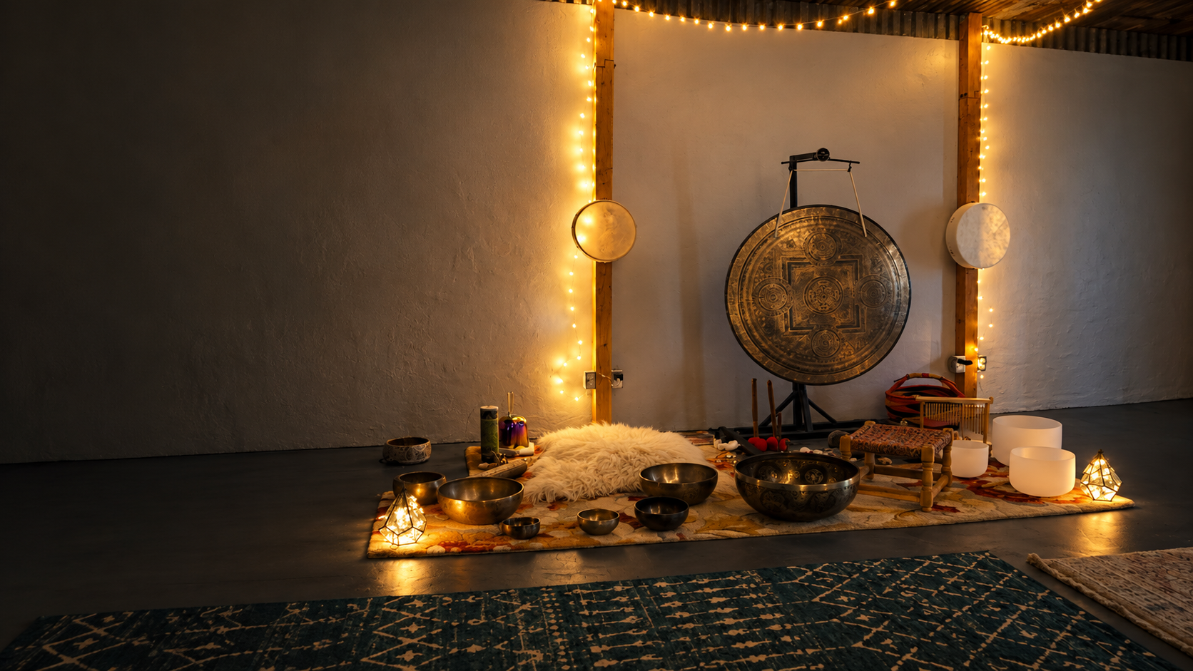 The studio at Four Directions Alchemy set up with sound bowls, gong and resting spaces